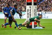 13 February 2016; Robbie Henshaw, Ireland, dives over to score a try, which was subsequently disallowed. RBS Six Nations Rugby Championship, France v Ireland. Stade de France, Saint Denis, Paris, France. Picture credit: Ramsey Cardy / SPORTSFILE
