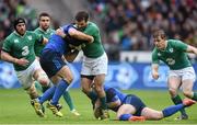 13 February 2016; Jared Payne, Ireland, is tackled by Guilhem Guirado, France. RBS Six Nations Rugby Championship, France v Ireland. Stade de France, Saint Denis, Paris, France. Picture credit: Ramsey Cardy / SPORTSFILE
