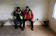14 February 2016; Clare 'Maors' Michael Daffy, left, from Clooney, and Michael O'Brien, Quin, relax with a cup of tea in the temporary canteen at Cusack Park.  Allianz Hurling League, Division 1B, Round 1, Clare v Offaly. Cusack Park, Ennis, Co. Clare. Picture credit: Ray McManus / SPORTSFILE