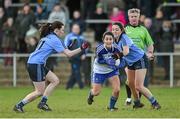 14 February 2016; Terese Scott, Monaghan, in action against Lyndsey Davey and Sinead Goldrick, Dublin.  Lidl Ladies Football National League, Division 1,  Monaghan v Dublin. Emyvale, Co. Monaghan. Picture credit: Oliver McVeigh / SPORTSFILE
