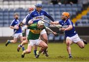 14 February 2016; Shane Nolan, Kerry, in action against Darren Maher, and Cahir Healy, Laois. Allianz Hurling League, Division 1B, Round 1, Laois v Kerry. O'Moore Park, Portlaoise, Co. Laois. Photo by Sportsfile