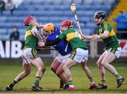 14 February 2016; Charlie Dwyer, Laois, in action against Tommy Casey, left, Keith Carmody, and Bryan Murphy, right, Kerry. Allianz Hurling League, Division 1B, Round 1, Laois v Kerry. O'Moore Park, Portlaoise, Co. Laois. Photo by Sportsfile