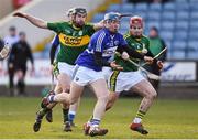 14 February 2016; Mark Kavanagh, Laois, in action against Darren Dineen, and Keith Carmody, right, Kerry. Allianz Hurling League, Division 1B, Round 1, Laois v Kerry. O'Moore Park, Portlaoise, Co. Laois. Photo by Sportsfile