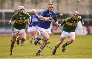 14 February 2016; Ciaran Collier, Laois, in action against Shane Nolan,and Sean Weir, right, Kerry. Allianz Hurling League, Division 1B, Round 1, Laois v Kerry. O'Moore Park, Portlaoise, Co. Laois. Photo by Sportsfile