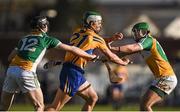 14 February 2016; Aaron Shanaghan, Clare, in action against Sean Gardiner and Joey O'Connor, Offaly. Allianz Hurling League, Division 1B, Round 1, Clare v Offaly. Cusack Park, Ennis, Co. Clare. Picture credit: Ray McManus / SPORTSFILE