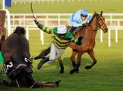 26 December 2009; Jockey Mark Walsh falls from his mount Captain Cee Bee at the last during the Bord na Mona - with Nature Novice Steeplechase. Leopardstown Racecourse, Dublin. Picture credit: Pat Murphy / SPORTSFILE