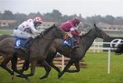 29 December 2009; Eventual winner Fen Game, with Andrew McNamara up, left, races from the last on their way to winning the Paddy Fitzpatrick Memorial Hurdle, ahead of eventual third place Uncle Tom Cobley, with Davy Russell up, right. Save the Bacon, with Robert Colgan up (not in picture) finished second. Leopardstown Christmas Racing Festival 2009, Leopardstown Racecourse, Dublin. Picture credit: Brian Lawless / SPORTSFILE