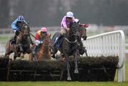29 December 2009; Solwhit, with Davy Russell up, clears the last ahead of eventual second place Sublimity, with Philip Carberry up, left, on their way to winning the Leopardstown Golf Centre December Festival Hurdle. Leopardstown Christmas Racing Festival 2009, Leopardstown Racecourse, Dublin. Picture credit: Brian Lawless / SPORTSFILE