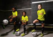 12 February 2016; Republic of Ireland Women's Internationals Aine O'Gorman and Rianna Jarrett helped to launch the Sportsdirect FAI Soccer Sisters Easter camps at the FAI National Training Centre. To register visit www.fai.ie/soccersisters. Pictured at the launch were, from left, Maggie Adekunle, age 10, Roqi Omotoso, age 9, and Leagh McEvoy, age 11, from St. Patrick's S.N.S., Corduff, Blanchardstown, Dublin. FAI National Training Centre, Abbotstown, Dublin. Picture credit: David Maher / SPORTSFILE