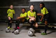 12 February 2016; Republic of Ireland Women's Internationals Aine O'Gorman and Rianna Jarrett helped to launch the Sportsdirect FAI Soccer Sisters Easter camps at the FAI National Training Centre. To register visit www.fai.ie/soccersisters. Pictured at the launch were, from left, Leagh McEvoy, age 11, Michelle Braimoh, age 11, Nikola Nietubyc, age 12, and Maggie Adekunle, age 10, from St. Patrick's S.N.S., Corduff, Blanchardstown, Dublin. FAI National Training Centre, Abbotstown, Dublin. Picture credit: David Maher / SPORTSFILE