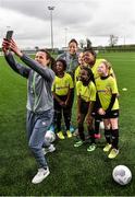 12 February 2016; Republic of Ireland Women's internationals Aine O'Gorman and Rianna Jarrett helped to launch the Sportsdirect FAI Soccer Sisters Easter camps at the FAI National Training Centre. To register visit www.fai.ie/soccersisters. SportsWorld FAI Soccer Sisters Easter Camps Launch, pictured at the launch were Aine O'Gorman, taking a selfie picture with, from left, Roqi Omotoso, age 9, Rianna Jarrett, Nikola Nietubyc, age 12, Michelle Braimoh, age 11, Maggie Adekunle, age 10, and Leagh McEvoy, age 11, all from St. Patrick's S.N.S., Corduff, Blanchardstown, Dublin. FAI National Training Centre, Abbotstown, Dublin. Picture credit: David Maher / SPORTSFILE