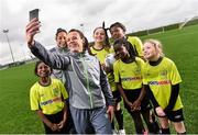 12 February 2016; Republic of Ireland Women's internationals Aine O'Gorman and Rianna Jarrett helped to launch the Sportsdirect FAI Soccer Sisters Easter camps at the FAI National Training Centre. To register visit www.fai.ie/soccersisters. SportsWorld FAI Soccer Sisters Easter Camps Launch, pictured at the launch were Aine O'Gorman, taking a selfie picture with, from left,  Roqi Omotoso, age 9, Rianna Jarrett, Nikola Nietubyc, age 12, Michelle Braimoh, age 11, Maggie Adekunle, age 10, and Leagh McEvoy, age 11, all from St. Patrick's S.N.S., Corduff, Blanchardstown, Dublin. FAI National Training Centre, Abbotstown, Dublin. Picture credit: David Maher / SPORTSFILE