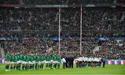 13 February 2016; The Ireland and France teams stand for the national anthems before the game. RBS Six Nations Rugby Championship, France v Ireland. Stade de France, Saint Denis, Paris, France. Picture credit: Brendan Moran / SPORTSFILE