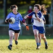 14 February 2016; Olivia Leonard, Dublin, in action against Lianne Ward, Monaghan.  Lidl Ladies Football National League, Division 1,  Monaghan v Dublin. Emyvale, Co. Monaghan. Picture credit: Oliver McVeigh / SPORTSFILE