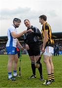 14 February 2016; Waterford captain Kevin Moran jokingly questions the result of the pre-match coin toss with referee Alan Kelly after losing out to Kilkenny captain Shane Prendergast. Allianz Hurling League, Division 1A, Round 1, Waterford v Kilkenny. Walsh Park, Waterford. Picture credit: Piaras Ó Mídheach / SPORTSFILE