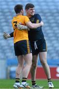 15 February 2016; DCU's David Shannon, right, and Daniel O'Neill celebrate after the game. Fresher 'A' Football Championship Final. University College Dublin v Dublin City University. Croke Park, Dublin. Picture credit: Piaras Ó Mídheach / SPORTSFILE