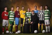 15 February 2016; Former Irish international soccer player Kevin Kilbane pictured with Quarter-Final captains, from left, Michael Crosby, Newmarket Celtic FC, Wayne Colbert, Pike Rovers FC, Ciarán Lattin, River Valley Rangers, Adam Byrne, Glengad United FC, Niall Scullion, St. Peters Athlone, Craig Reilly, Kilbarrack United FC, Shane Clarke, Jamesboro FC, and Paul Murphy, Sheriff Youth Club, during the FAI Junior Cup Quarter-Final Draw Photocall. Aviva Stadium, Dublin. Picture credit: David Maher / SPORTSFILE
