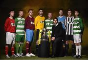 15 February 2016; Former Irish international soccer player Kevin Kilbane pictured with Quarter-Final captains, from left, Michael Crosby, Newmarket Celtic FC, Wayne Colbert, Pike Rovers FC, Ciarán Lattin, River Valley Rangers, Adam Byrne, Glengad United FC, Niall Scullion, St. Peters Athlone, Craig Reilly, Kilbarrack United FC, Shane Clarke, Jamesboro FC, and Paul Murphy, Sheriff Youth Club, during the FAI Junior Cup Quarter-Final Draw Photocall. Aviva Stadium, Dublin. Picture credit: David Maher / SPORTSFILE