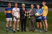 16 February 2016; In attendance at the launch of the 2016 EirGrid GAA Football U21 All-Ireland Championship launch today are John O'Connor, Chairman, EirGrid, left, and Michael Rock, GAA Vice-President & Connacht GAA President, with U21 footballers, from left, Jimmy Feehan, Tipperary, Frank Burns, Tyrone, Eoin Murchan, Dublin, and Cathal Compton, Roscommon. Croke Park, Dublin. Picture credit: Stephen McCarthy / SPORTSFILE