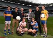 16 February 2016; In attendance at the launch of the 2016 EirGrid GAA Football U21 All-Ireland Championship launch today are John O'Connor, Chairman, EirGrid, left, and Michael Rock, GAA Vice-President & Connacht GAA President, with U21 ambassadors Trevor Giles, former Meath footballer, and Sean Cavanagh, Tyrone footballer, with U21 footballers, from left, Jimmy Feehan, Tipperary, Frank Burns, Tyrone, Eoin Murchan, Dublin, and Cathal Compton, Roscommon. Croke Park, Dublin. Picture credit: Stephen McCarthy / SPORTSFILE