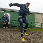 16 February 2016; Connacht's Peter Robb jumps over a muddy area before the start of squad training. Sportsground, Galway. Picture credit: David Maher / SPORTSFILE