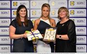 1 June 2016; Samantha Lambert, Tipperary, centre, receives her Division 3 Lidl Ladies Team of the League Award from Aoife Clarke, head of communications, Lidl Ireland, left, and Marie Hickey, President of Ladies Gaelic Football, right, at the Lidl Ladies Teams of the League Award Night. The Lidl Teams of the League were presented at Croke Park with 60 players recognised for their performances throughout the 2016 Lidl National Football League Campaign. The 4 teams were selected by opposition managers who selected the best players in their position with the players receiving the most votes being selected in their position. Croke Park, Dublin. Photo by Cody Glenn/Sportsfile