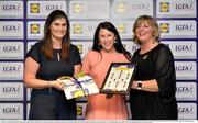 1 June 2016; Linda Wall, Waterford, centre, receives her Division 3 Lidl Ladies Team of the League Award from Aoife Clarke, head of communications, Lidl Ireland, left, and Marie Hickey, President of Ladies Gaelic Football, right, at the Lidl Ladies Teams of the League Award Night. The Lidl Teams of the League were presented at Croke Park with 60 players recognised for their performances throughout the 2016 Lidl National Football League Campaign. The 4 teams were selected by opposition managers who selected the best players in their position with the players receiving the most votes being selected in their position. Croke Park, Dublin. Photo by Cody Glenn/Sportsfile