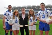 13 January 2010; Pictured at the unveiling of the new Waterford GAA strip for 2010 were Robert Finnegan, centre, Chief Executive of 3, models Sarah Kavanagh, left and Nadia Forde, Dan Shanahan, left, Waterford hurler and Mick Ahearne, Waterford footballer. The new jersey was launched as part of a new two year sponsorship by 3, Ireland’s fastest growing network, of Waterford GAA, covering both the Hurling and Football codes and includes all grades from Minor to Senior inter-county teams over the next two years. Croke Park, Dublin. Picture credit: David Maher / SPORTSFILE