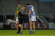 13 February 2016; Declan O'Mahoney, Ballyboden St Enda's, in conversation with referee Barry Cassidy before being shown the red card. AIB GAA Football Senior Club Championship, Semi-Final, Ballyboden St Enda's v Clonmel Commercials. O'Moore Park, Portlaoise, Co. Laois. Picture credit: Piaras Ó Mídheach / SPORTSFILE