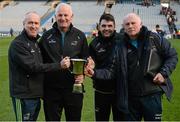 15 February 2016; Members of the Dublin City University management team, from left, manager Brendan Gillen, coach Ray Wheatley, selector Josh Warde, and statistician Michael McConalougue with the Daithí Billings cup. Corn Daithi Billings Final, University College Dublin v Dublin City University. Croke Park, Dublin. Picture credit: Cody Glenn / SPORTSFILE