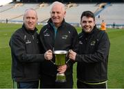 15 February 2016; Members of the Dublin City University management team, from left, manager Brendan Gillen, coach Ray Wheatley, and selector Josh Warde with the Daithí Billings cup. Corn Daithi Billings Final, University College Dublin v Dublin City University. Croke Park, Dublin. Picture credit: Cody Glenn / SPORTSFILE