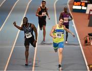 17 February 2016; Patrick Feeney, USA, crosses the line ahead of Dane Hyatt, Jamaica, to win the men's 400m 'C' event at the AIT International Athletics Grand Prix. Athlone Institute of Technology International Arena, Athlone, Co. Westmeath. Picture credit: Cody Glenn / SPORTSFILE