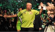 18 Febraury 2016; Michael Van Gerwen makes his way to the stage ahead of his match against Adrian Lewis during the Betway Premier League Darts. 3 Arena, Dublin. Picture credit: Seb Daly / SPORTSFILE