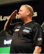 18 Febraury 2016; Raymond Van Barneveld salutes the crowd ahead of his match against Robert Thornton during the Betway Premier League Darts. 3 Arena, Dublin. Picture credit: Seb Daly / SPORTSFILE