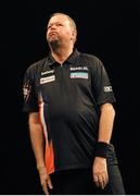 18 Febraury 2016; Raymond Van Barneveld reacts to missing a chance to win a leg against Robert Thornton during the Betway Premier League Darts. 3 Arena, Dublin. Picture credit: Seb Daly / SPORTSFILE