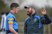 19 February 2016; John Divilly, University College Dublin manager talking to David Hyland before the game. Independent.ie HE GAA Sigerson Cup, Semi-Final, University College Dublin v University of Limerick, UUJ, Jordanstown, Co. Antrim. Picture credit: Oliver McVeigh / SPORTSFILE