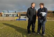 17 January 2010; Westmeath manager Brendan Hackett in conversation with DCU manager Niall Moyna, right, before the start of the match. O'Byrne Cup, First Round, Westmeath v DCU, St. Lomans GAA Grounds, Mullingar, Co. Westmeath. Picture credit: Brian Lawless / SPORTSFILE