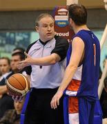 17 January 2010; Shane Coughlan, UCC Demons, argues with referee Tom Quinn during the game. 2010 Basketball Ireland Men's SuperLeague National Cup Semi-Final, UCC Demons v Neptune, Neptune Stadium, Cork. Picture credit: Brendan Moran / SPORTSFILE