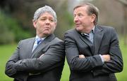 19 January 2010; Gino Stromboli, aka Gary Cooke from Aprés Match, and former Republic of Ireland international Ronnie Whelan, right, at the media launch of Ladbrokes striker manager. Ballsbridge, Dublin. Photo by Sportsfile