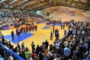 17 January 2010; The teams stand for the National Anthem before the game. 2010 Basketball Ireland Men's SuperLeague National Cup Semi-Final, UCC Demons v Neptune, Neptune Stadium, Cork. Picture credit: Brendan Moran / SPORTSFILE