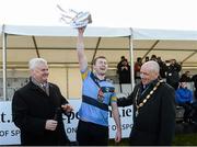 20 February 2016; Jack McCaffrey, captain, University College Dublin, holds aloft the Sigerson Cup. Independent.ie HE GAA Sigerson Cup Final, University College Dublin v Dublin City University, UUJ, Jordanstown, Co. Antrim. Picture credit: Oliver McVeigh / SPORTSFILE