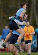 20 February 2016; John Heslin and Tommy Moolick, University College Dublin, celebrate at the final whistle. Independent.ie HE GAA Sigerson Cup Final, University College Dublin v Dublin City University, UUJ, Jordanstown, Co. Antrim. Picture credit: Oliver McVeigh / SPORTSFILE