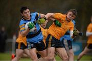20 February 2016; Colm Basquel, University College Dublin, in action againsy Stephen Attride, Dublin City University. Independent.ie HE GAA Sigerson Cup Final, University College Dublin v Dublin City University, UUJ, Jordanstown, Co. Antrim. Picture credit: Oliver McVeigh / SPORTSFILE