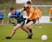 20 February 2016; John Heslin, University College Dublin, in action against Kevin Seeley, Dublin City University. Independent.ie HE GAA Sigerson Cup Final, University College Dublin v Dublin City University, UUJ, Jordanstown, Co. Antrim. Picture credit: Oliver McVeigh / SPORTSFILE