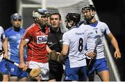 20 February 2016; Referee James Owens attemps to seperate a coming together between Cian Mc Carthy, Cork, and Jamie Barron, Waterford. Allianz Hurling League, Division 1A, Round 2, Cork v Waterford, Páirc Ui Rinn, Cork. Picture credit: Eóin Noonan / SPORTSFILE