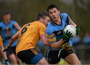 20 February 2016; Colm Basquel, University College Dublin, in action against Conor Moynagh, Dublin City University. Independent.ie HE GAA Sigerson Cup Final, University College Dublin v Dublin City University, UUJ, Jordanstown, Co. Antrim. Picture credit: Oliver McVeigh / SPORTSFILE