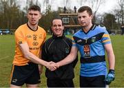 20 February 2016; Referee David Coldrick along with Colm Begley, Dublin City University captain, and Jack McCaffrey, University College Dublin captain, after the coin toss. Independent.ie HE GAA Sigerson Cup Final, University College Dublin v Dublin City University, UUJ, Jordanstown, Co. Antrim. Picture credit: Oliver McVeigh / SPORTSFILE