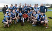 20 February 2016; Jack McCaffrey, captain, University College Dublin, and team-mates along with Annette Billings, wife of the late Dave Billings, former UCD mentor, who died last year, after receiving the Sigerson cup. Independent.ie HE GAA Sigerson Cup Final, University College Dublin v Dublin City University, UUJ, Jordanstown, Co. Antrim. Picture credit: Oliver McVeigh / SPORTSFILE