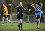 20 February 2016; Colm Basquel, University College Dublin, looks on in amazment as Referee David Coldrick awards a penalty to Dublin City University in the second half. Independent.ie HE GAA Sigerson Cup Final, University College Dublin v Dublin City University, UUJ, Jordanstown, Co. Antrim. Picture credit: Oliver McVeigh / SPORTSFILE