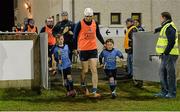 20 February 2016; Mascots Ryan Coyne, left, aged 11, and Evan Coyne, aged 8, both from Trinity Gaels, with Dublin team captain Liam Rushe before the game. Allianz Hurling League, Division 1A, Round 2, Dublin v Galway, Parnell Park, Dublin. Picture credit: Piaras Ó Mídheach / SPORTSFILE